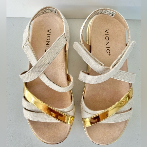 Vionic!-Kellyn Criss Cross Strapy Velcro, Women's White and Gold Sandals Size 7 - Picture 3 of 6